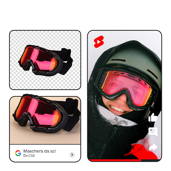 Un’immagine di prodotto di una maschera da sci, un annuncio di una maschera da sci e un video YouTube di una donna con addosso una maschera da sci.