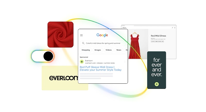 A gallery of brand assets for Everloom and a Google Search page for the query: “colorful midi dress for spring and summer.”