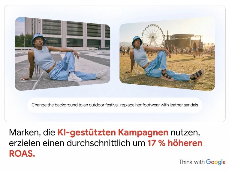 Marken, die KI-gestützte Kampagnen nutzen, erzielen einen um durchschnittlich 17 % höheren ROAS. Zwei Fotos zeigen eine Frau in Streetwear. Das Original zeigt sie mit Sneakern auf einer Straße; die KI-bearbeitete Version zeigt sie mit Sandalen auf einem Musikfestival.