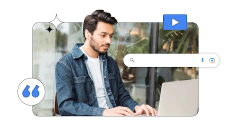 A young man with earbuds using a laptop in a bright indoor space. The image is overlaid with digital icons: a search bar, a blue play button, sparkling stars, and a quotation mark icon.