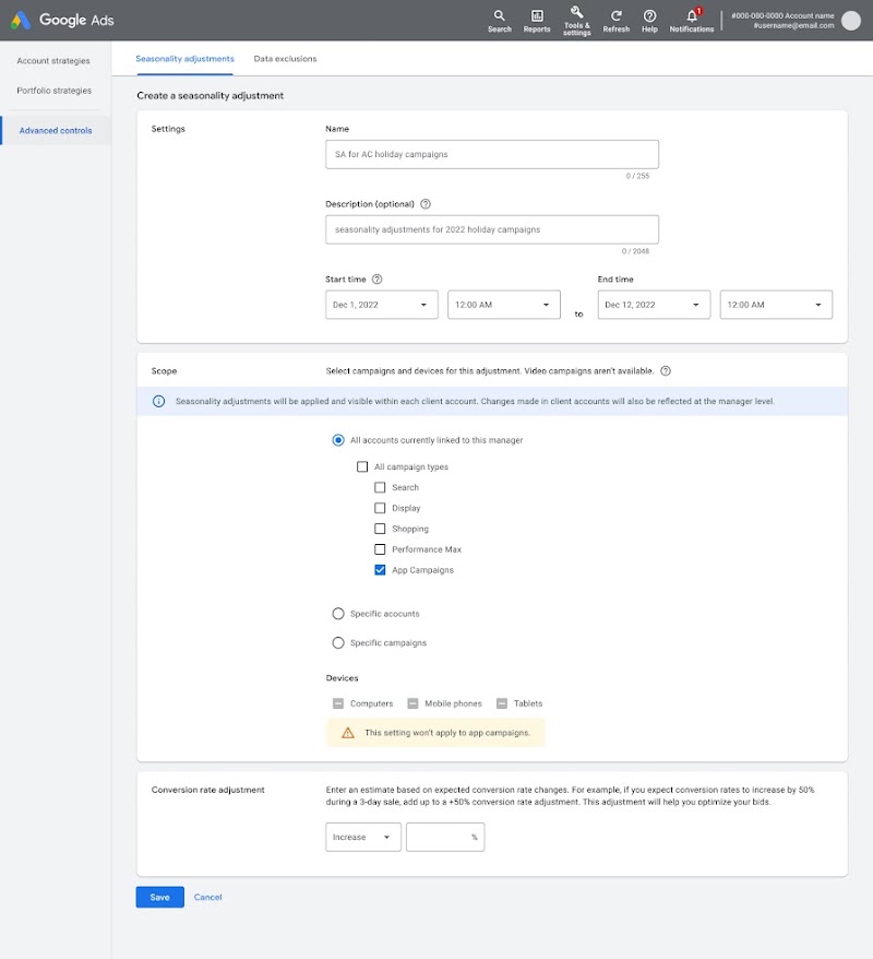 Screenshot of seasonality adjustments in Google Ads UI
