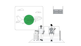 Two travelers sitting at the airport with a plane taking off in the window, representing the increasing demand for travel to APAC destinations.