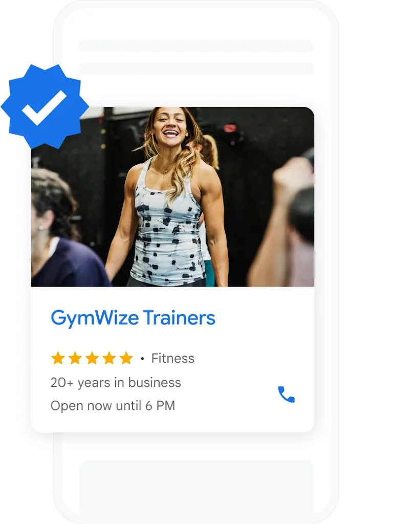 A mobile screen displays a local ad for a fitness studio.