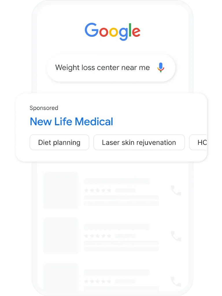 A search query and local services ad for weight loss centers nearby.
