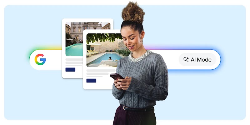 Woman wearing a sweater, hair in a messy bun, searches for travel information on a mobile phone using AI mode in Google Search.