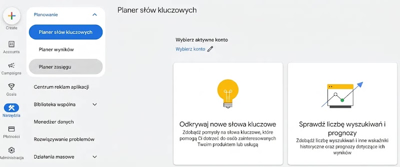 Panel Planera słów kluczowych Google pokazujący lokalizację w nawigacji