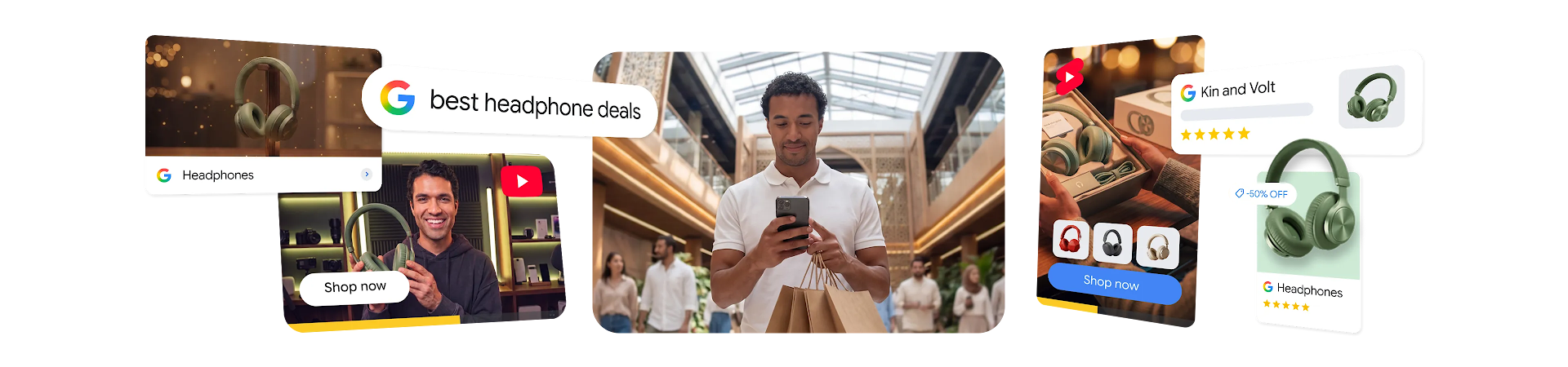 A digital collage illustrating a holiday shopping journey, featuring a man using a smartphone surrounded by a digital Google Search bar saying: “best headphone deals”, YouTube, YouTube Shorts and Google Shopping ads for green headphones.