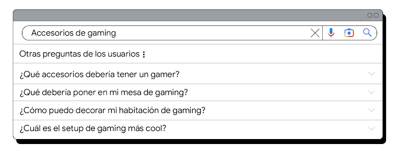 Imagen de la búsqueda de Accesorios gaming y la sección otras preguntas de los usuarios