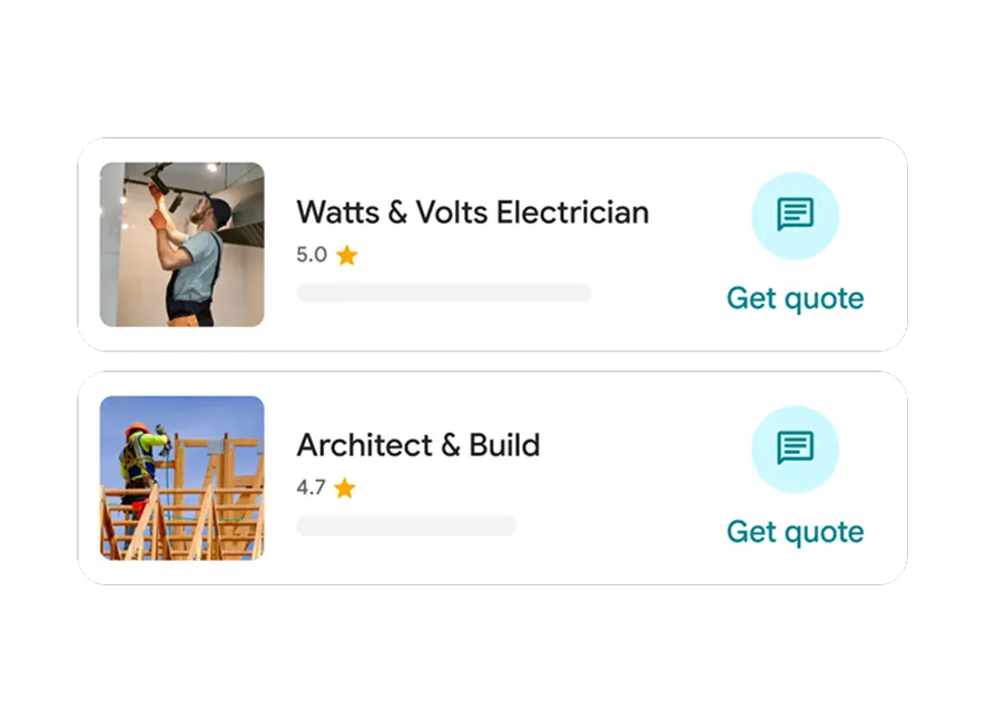 Two business profiles show up in search results with buttons to get quotes.