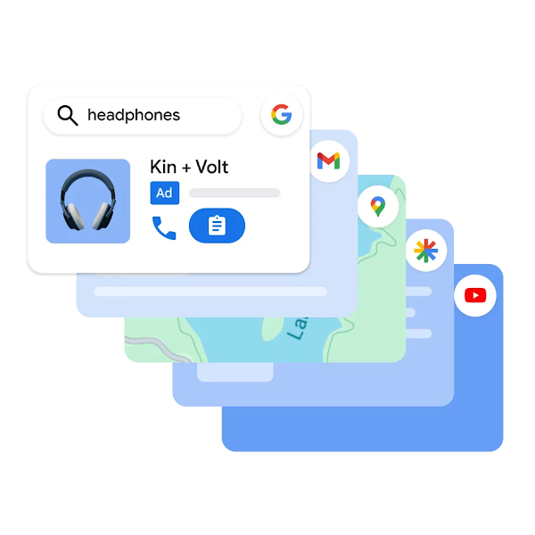 A stack of ad preview cards for 'Kin + Volt' headphones shown across Google Search, Gmail, Maps, and YouTube.