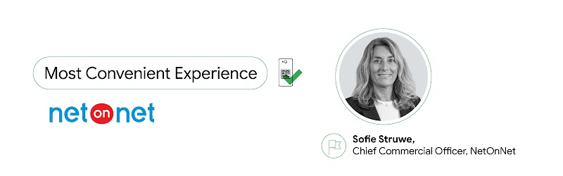 On the left, a text box reads: “Most Convenient Experience”. Below it, the NetOnNet logo. On the right, a black and white headshot of Sofie Struwe, chief commercial officer at NetOnNet.
