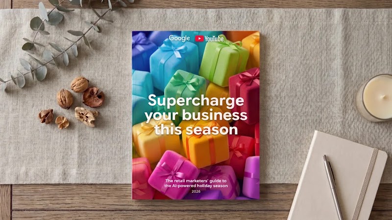 Cover of a Google and YouTube report titled "Supercharge your business this season" featuring colorful wrapped gifts, set on a wooden table alongside a notebook, pen, and dried decorations.