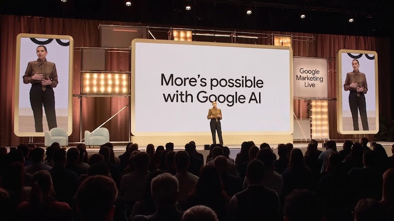 Melanie Silva, Managing Director and VP of Google Australia and New Zealand, presents on stage at Google Marketing Live 2026 before a packed audience, with the message "More's possible with Google AI" displayed on screen.