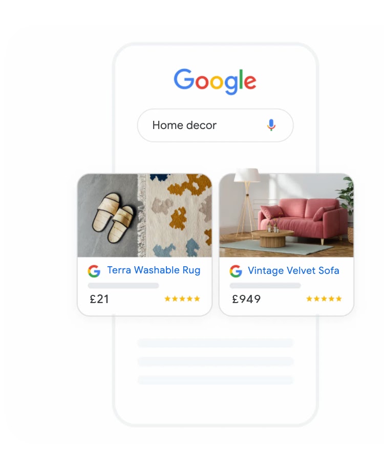 A search query for “home decor” and two relevant furniture Shopping Ads in Google Search results.