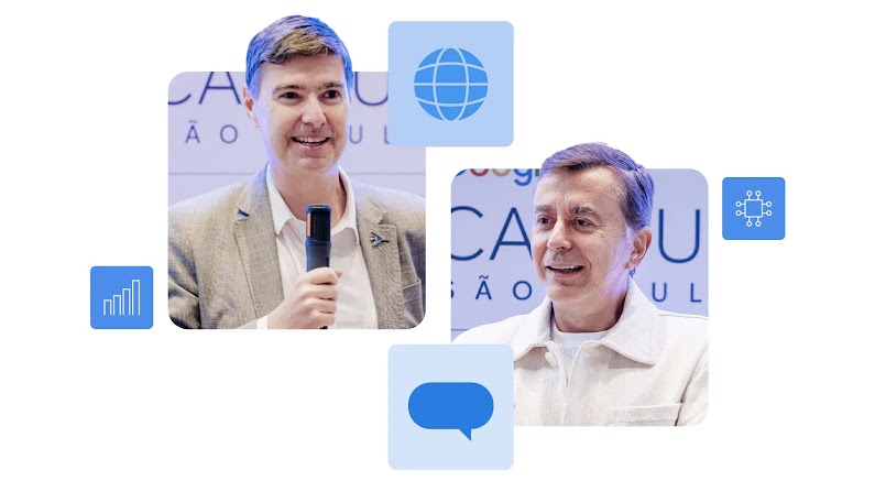  Retratos de Daniel e Fábio Coelho com ícones que remetem a crescimento, IA e tecnologia.