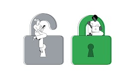 To the left, a woman sits on top of a large, grey, unlocked padlock holding a phone. To the right, a woman sits on top of a large, green, locked padlock works on a laptop.