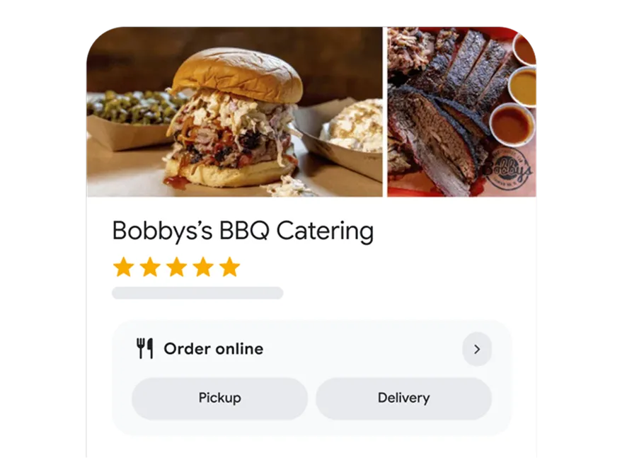 A restaurant’s business profile shows an online ordering with options to click for pick-up and delivery.