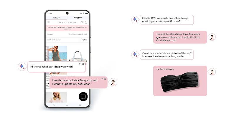 Victoria’s Secret の生成 AI チャットボットは、顧客からの問い合わせにチャット形式で対応する。テキストだけでなく、画像を使った応答も可能。