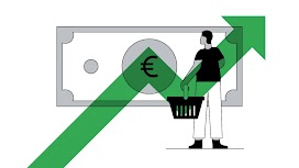 An illustration showing an individual holding a shopping basket and looking at a large banknote. A green arrow is superimposed over the illustration, indicating the person is thinking about rising prices.