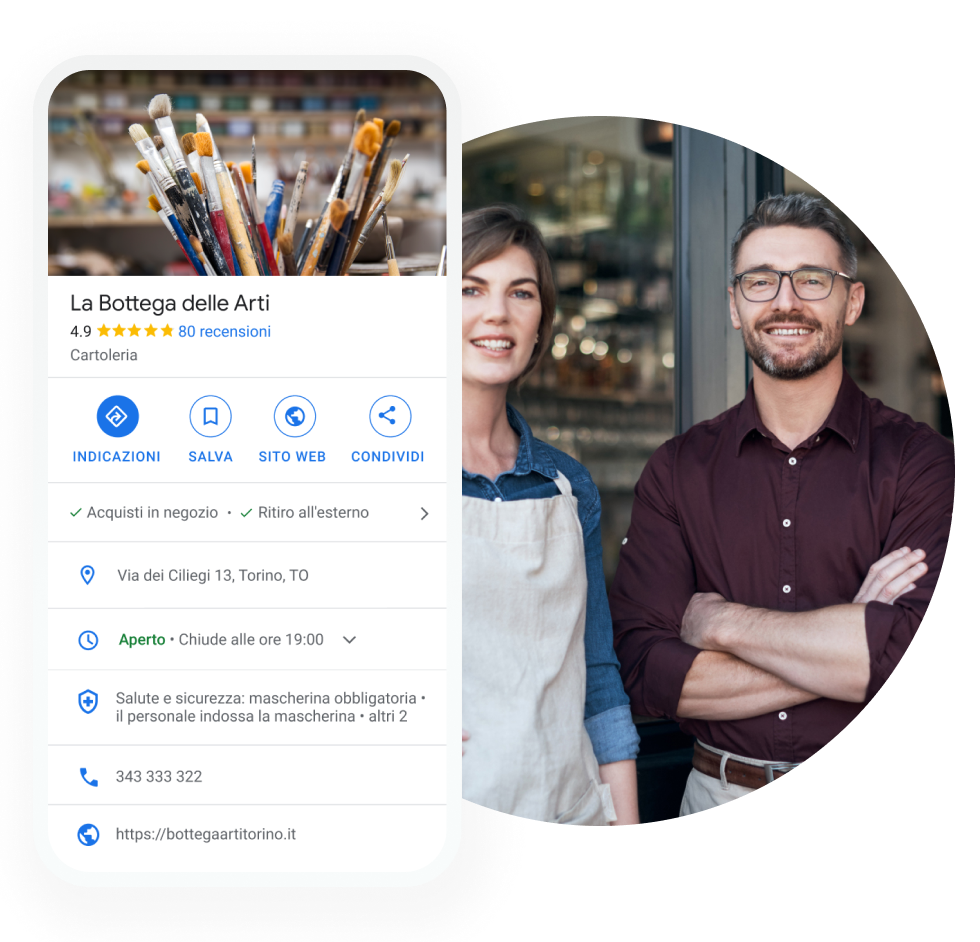 Immagine del profilo di un'attività al dettaglio sullo schermo di un dispositivo mobile che ritrae il nome dell'attività, una foto, l'indirizzo, l'orario di apertura e chiusura, le misure di sicurezza e sanitarie, il numero di telefono e l'URL del sito web.