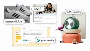 Example ads from adidas, grammarly, M&S, and Caraway