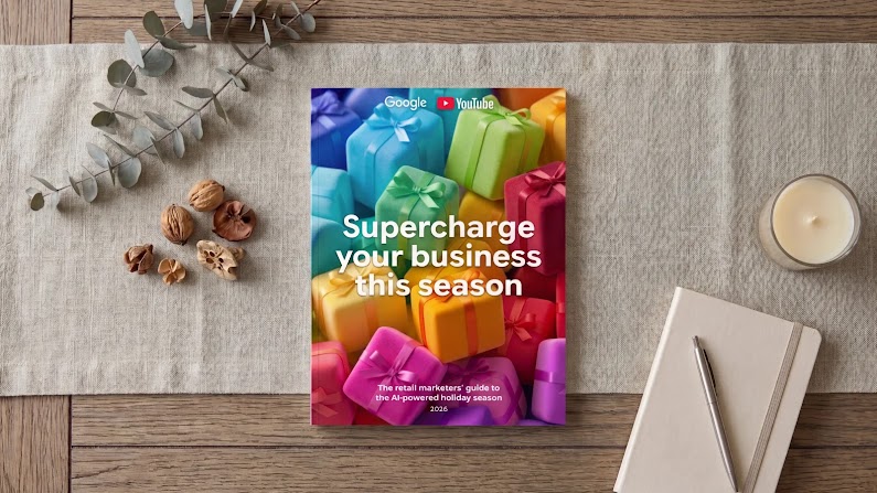 Cover of a Google and YouTube report titled "Supercharge your business this season" featuring colorful wrapped gifts, set on a wooden table alongside a notebook, pen, and dried decorations.