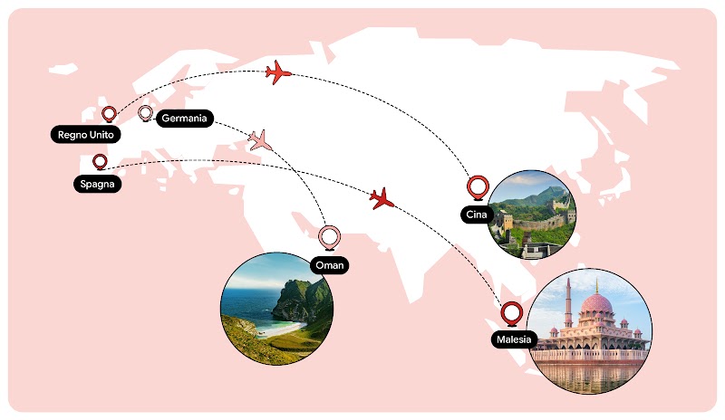 Vediamo una mappa che mostra sotto forma di frecce i voli dalla Spagna alla Malesia, da Germania verso l’Oman e da Regno Unito verso la Cina.