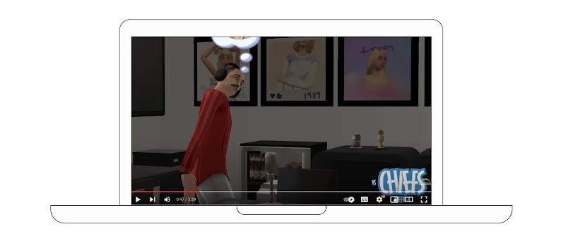 Una captura de pantalla de un portátil con la tapa abierta. En ella se ve una imagen estática del vídeo del calendario de Los Angeles Chargers, ambientado en el mundo de Los Sims, donde un jugador está haciendo un pódcast para anunciar un partido contra l