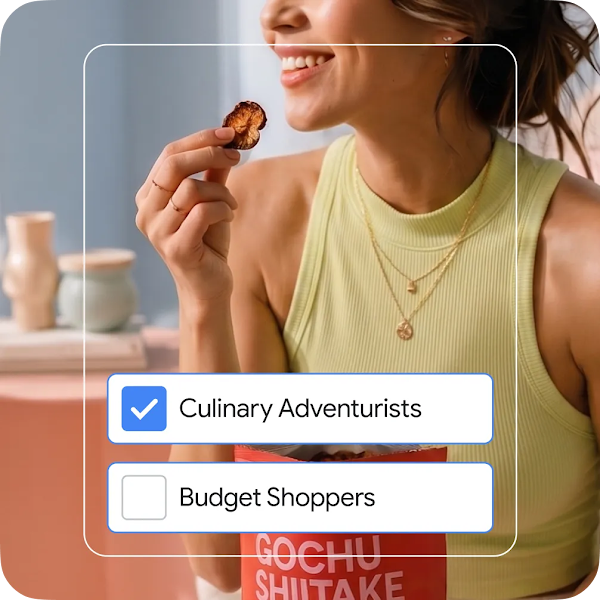 A woman smiling while eating a snack, with a checklist selecting "Culinary Adventurists" as a target audience segment and not selecting “Budget Shoppers.”