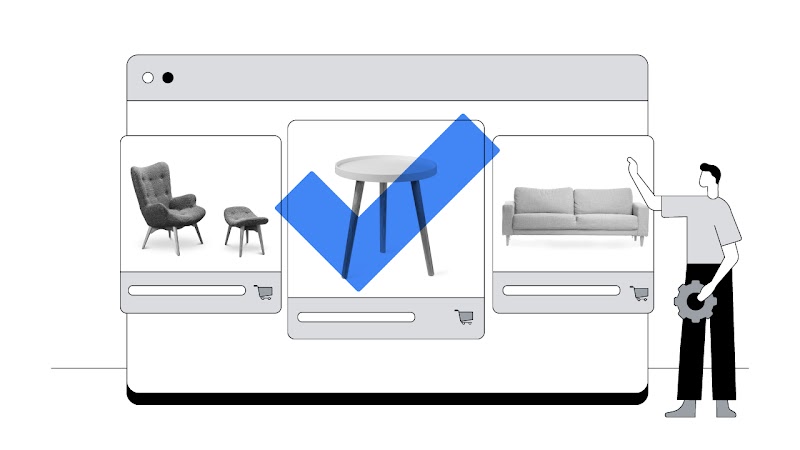 In black and white, a man stands next to a life-size internet browser, holding a gear icon with one hand. His other arm is stretched out towards the screen, which shows 3 furniture advertisements. The middle one is larger and has a blue tick overlay.