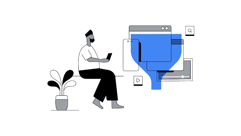 Homem de barba e cabelo curto com topete, vestindo calça preta e camiseta branca, está sentado olhando para o celular. Ao seu lado, uma série de telas com ícones de vídeo e busca são sobrepostas por um funil azul.