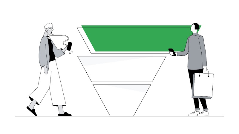 A person on the left holds a mobile phone with attached earphones. A person on the right holds a shopping bag and mobile phone. Between them, a funnel split into 3 tiers. The top tier has a green overlay.