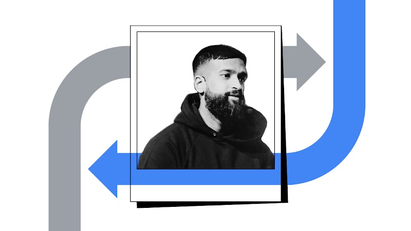 Inside a polaroid frame, a black and white headshot of Redwaan Hossain, brand communication and marketing effectiveness manager at Adidas Sweden. Behind, a gray and a blue arrow going in a clockwise direction.