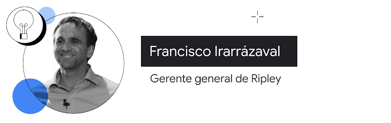 Un foco de luz que presenta la innovación junto a la foto de Francisco Irarrazával, gerente general de Ripley. Francisco tiene la piel clara, pelo marrón, corto. Usa una camisa celeste.