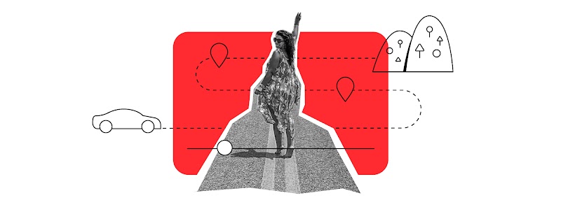 Uma foto em preto e branco recebe ilustrações de um carro, que segue um caminho sinuoso pontilhado que leva até dois montes. No centro está uma mulher que, de costas, olha para a câmera com a cabeça virada, sorrindo, e o braço direito erguido.