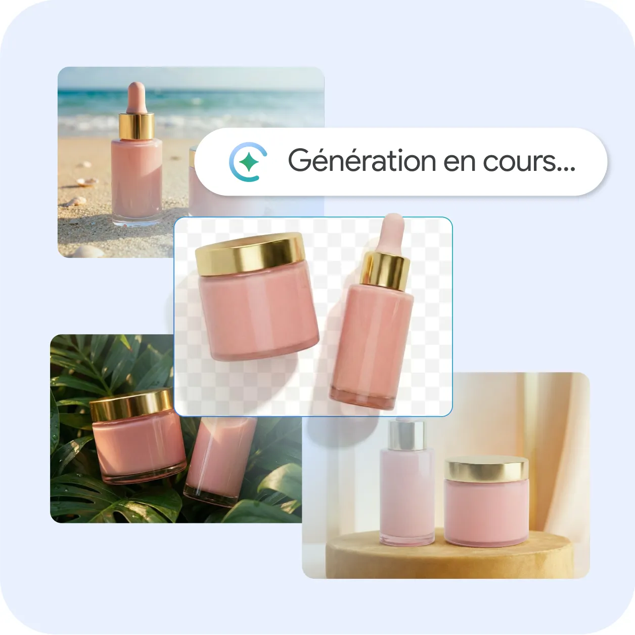 Un graphique montre un processus de génération d’image par l’IA. Une barre de progression, un icône d’étincelle et le texte « Génération en cours... » sont superposés à différentes photos stylisées de produits pour la peau dans les tons de rose.