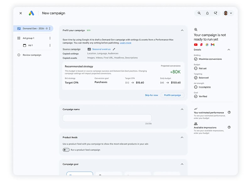 UI of Gemini-Assisted Campaign Setup