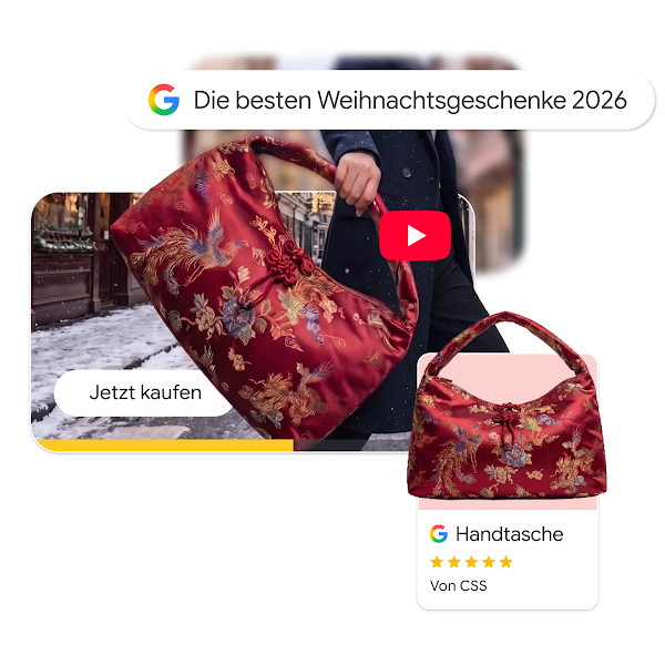 Eine digitale Collage, die den Kaufprozess einer roten Handtasche mit Stickerei als Weihnachtsgeschenk veranschaulicht. Zu sehen sind eine Google-Suchleiste mit dem Suchbegriff „Die besten Weihnachtsgeschenke 2026“, ein YouTube-Videoausschnitt mit dem Button „Jetzt kaufen“ und eine Google Shopping-Produktkarte mit 5 Sternen.