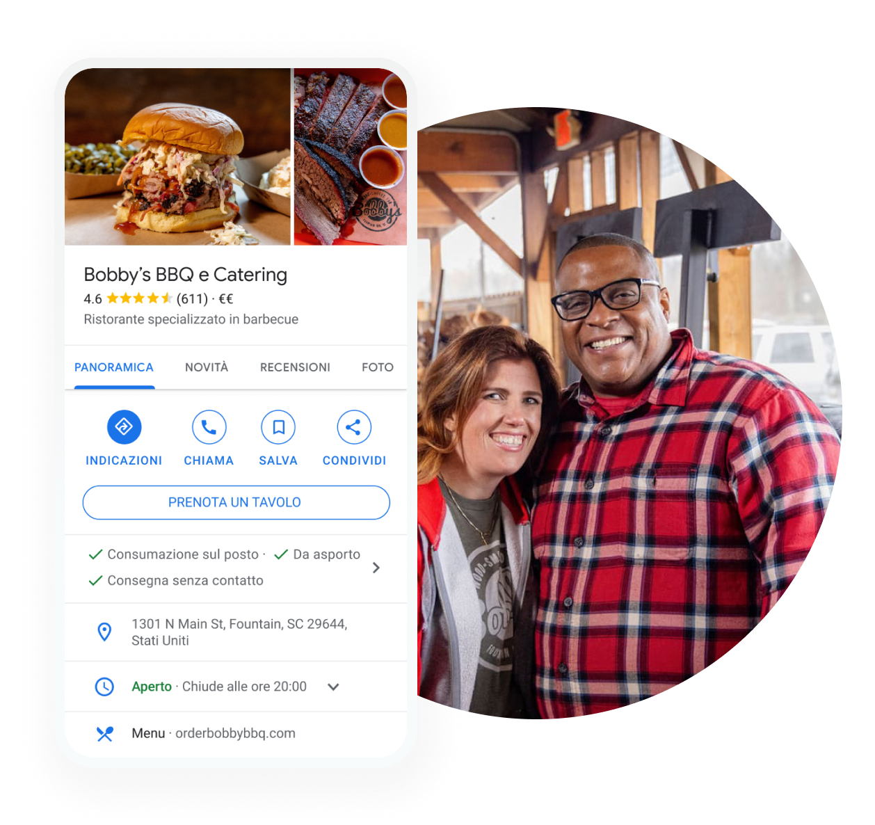 Immagine promozionale per ristoranti: immagine del profilo dell'attività di un ristorante su un dispositivo mobile