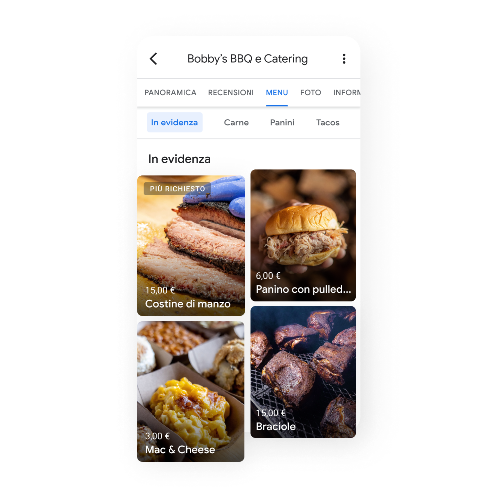 Immagine della sezione In evidenza del profilo di un'attività che ritrae i piatti migliori e il menù: costine di manzo, panino con sfilacci di maiale, maccheroni al formaggio e punta di petto