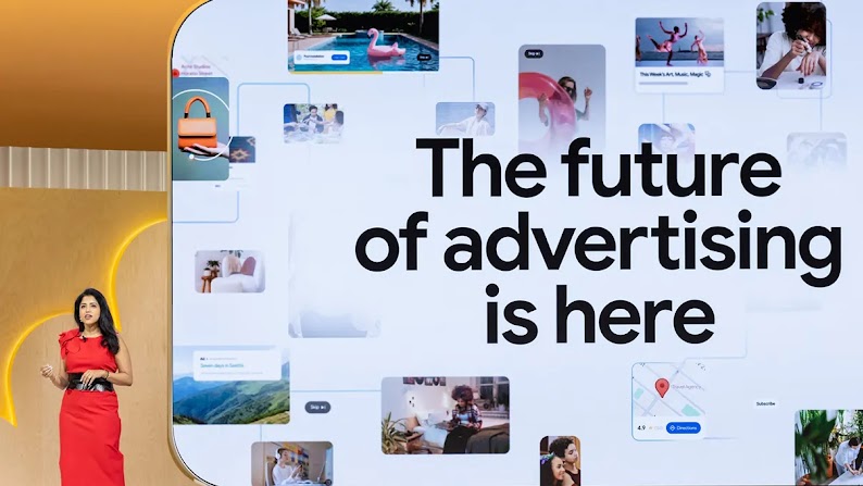 Vidhya Srinivasan, vicepresidenta y directora general de Publicidad y Comercio de Google, habla en Google Marketing Live. Detrás, una pantalla muestra una diapositiva que dice: “El futuro de la publicidad ya está aquí”.