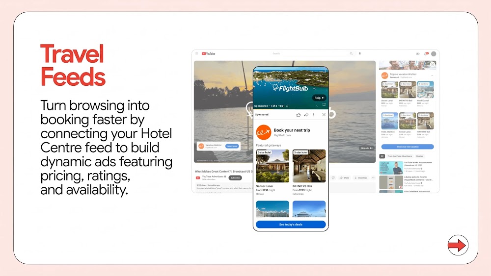 YouTube interface showing the Hotel Feeds (Travel Feeds) experience.