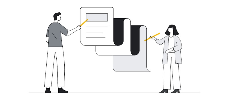 2 人の人と、会員規約をイメージした書類のイラスト