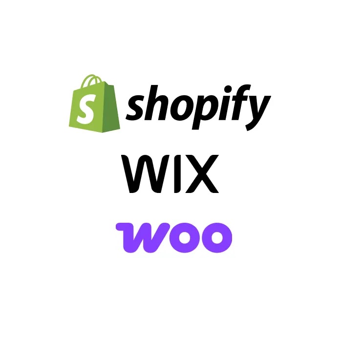 Logos for e-commerce platforms Shopify, Wix, and WooCommerce centered on a white background, surrounded by blurred icons for Google Maps, YouTube Shorts, YouTube, and Google.