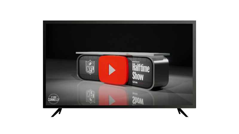 A video still featuring the YouTube NFL Halftime Show logos plays on a connected TV.