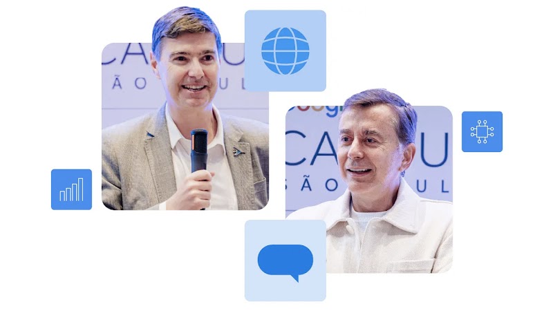 Retratos de Daniel e Fábio Coelho com ícones que remetem a crescimento, IA e tecnologia.