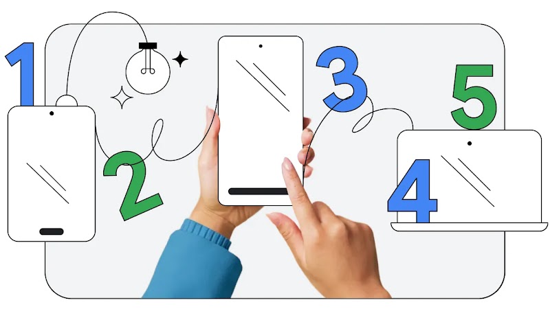 Two hands hold an illustrated mobile device, with a tablet and a laptop drawn either side. Green and blue numbers are scattered across the whole image, with an illustrated lightbulb and a Gemini diamond icon in the top left corner.