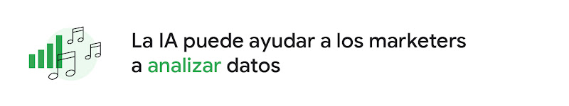 Una ilustración de notas musicales que rodean un gráfico de barras acompaña al encabezado: "La IA puede ayudar a los marketers a analizar datos".
