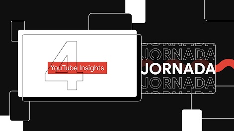 Na imagem há uma tela de fundo preto com uma tela branca com as palavras “Jornada” e “YouTube Insights”
