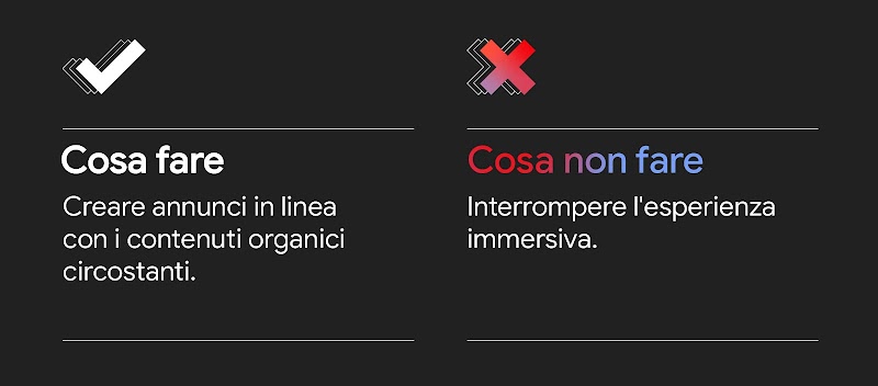 Una tabella a due colonne e due righe con un'icona di spunta bianca sopra Cosa fare: Creare annunci in linea con i contenuti organici circostanti. E l'icona di una X rosa sopra Cosa non fare: Interrompere l'esperienza immersiva.